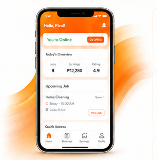 KindGo provider app — online status, jobs, earnings, rating and an upcoming home cleaning job
